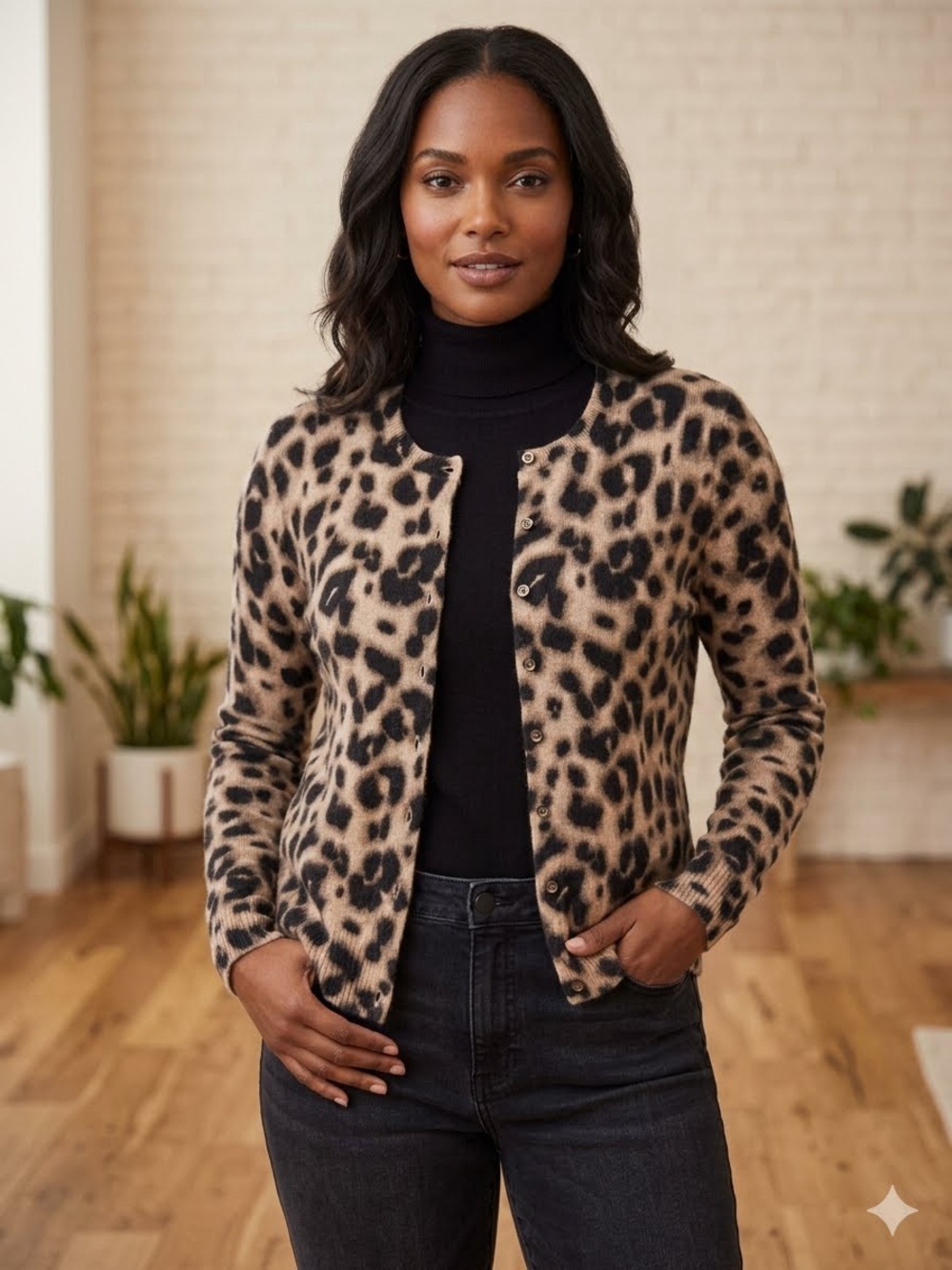 Apt. 9 Leopard Print Pure Cashmere Button Front Cardigan - Size S
